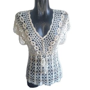 Marie Claire Crochet Short Sleeve Boho Chic Top in Cream L